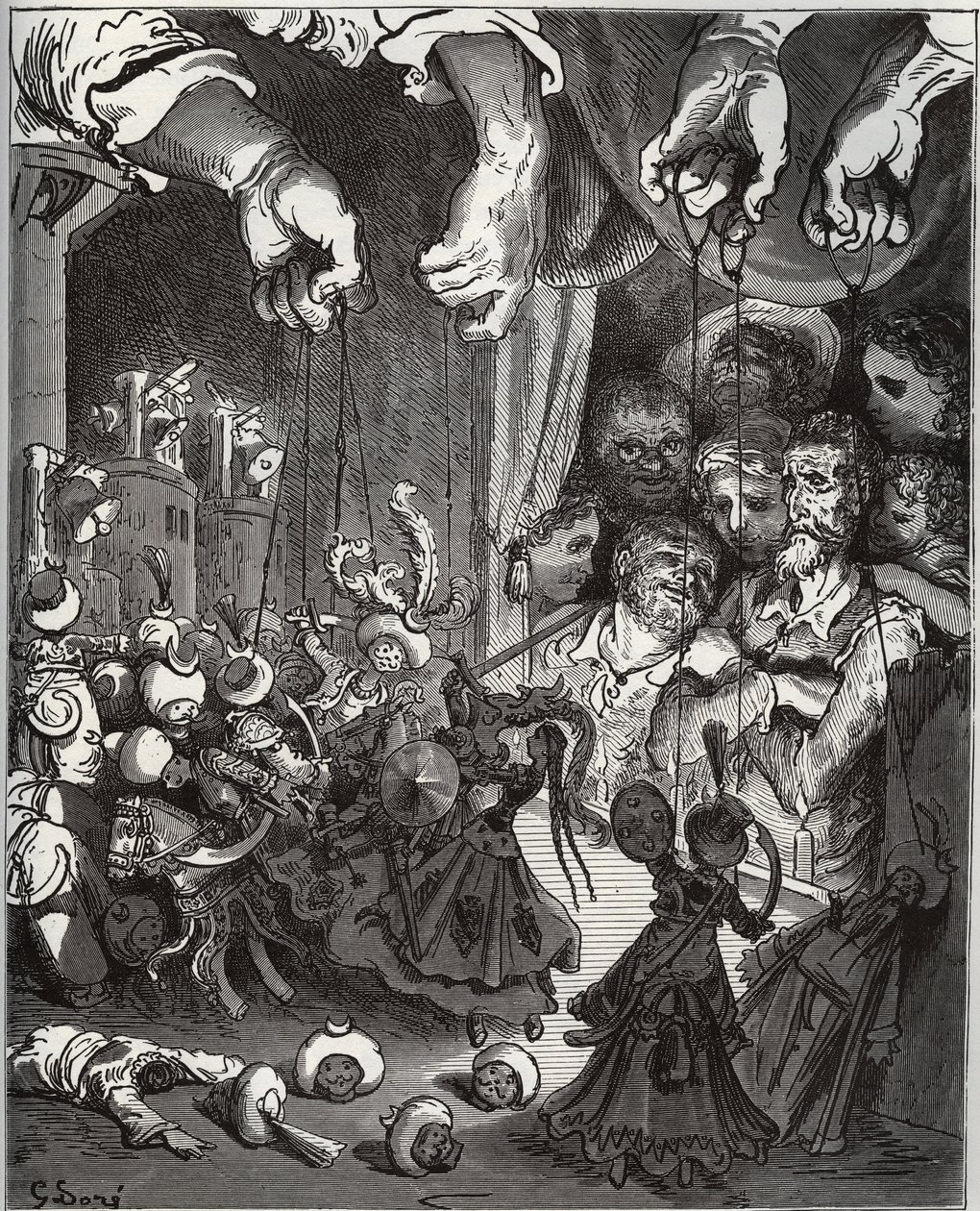 Maese Pedros dukketeater - fra "Don Quixote de la Mancha" af Miguel Cervantes (1547-1616) (Don Quixote) - Træsnit efter tegning af Gustave Dore af Gustave Dore