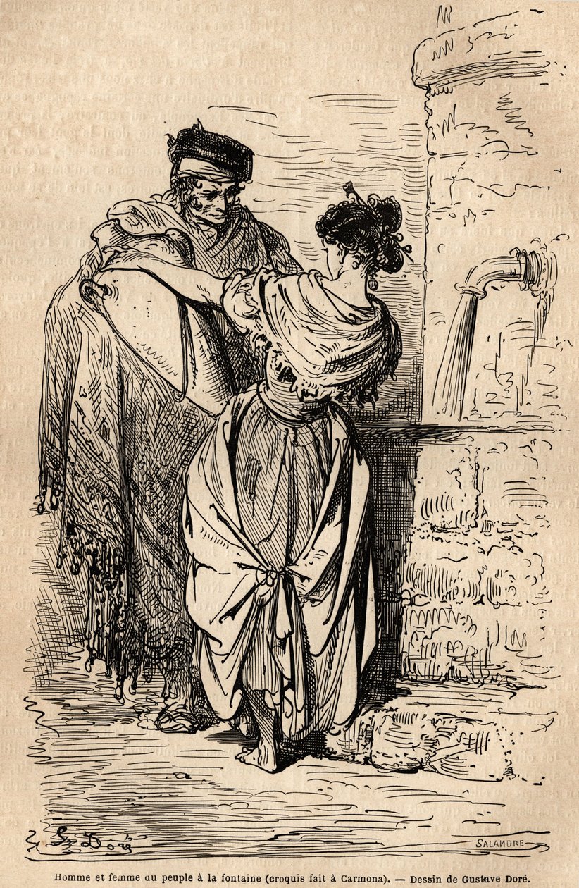 Mand og kvinde af folket har springvandet i Carmona, landsby nær Sevilla. Skitse taget live af Gustave Dore (1832-1883). Gravering til illustration af rejsen i Spanien, i 1862 af Charles Davillier og Gustave Dore, i "Le tour du monde, nouveau af Gustave Dore