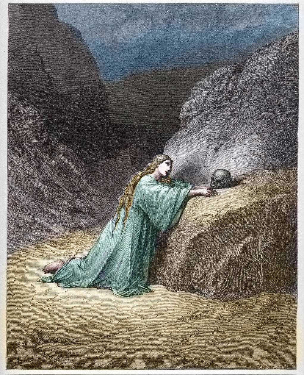 Mary Magdalene angrende (Den angrende Maria Magdalene) - - indgravering i "The Bible illustree" af Gustave Dore (1832-1883) - Indgravering fra "" The Dore Bible"" af Gustave Dore