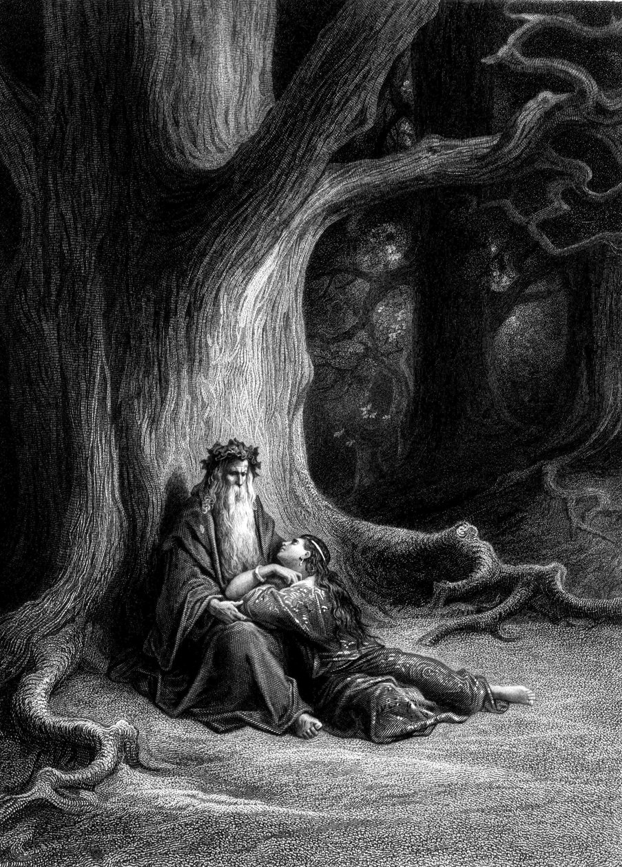 Merlin og Viviane i Broceliande-skoven (Cycle des chevaliers de la Table Ronde) - i "" Viviane"" af Alfred Tennyson, illustration af G. Doré af Gustave Dore