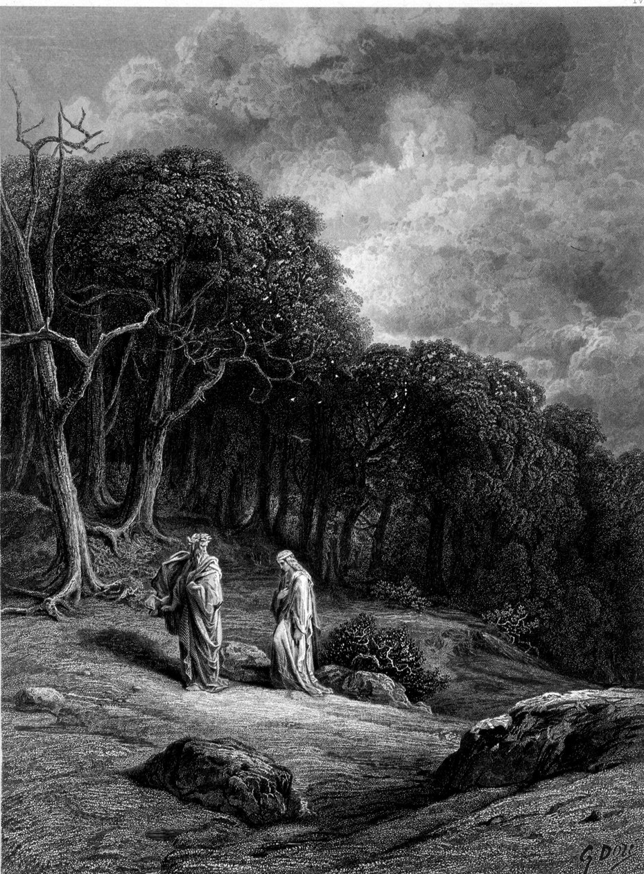 Merlin og Viviane i Brocéliande-skoven - i "" Viviane"" af Alfred Tennyson, illustration af G. Doré af Gustave Dore