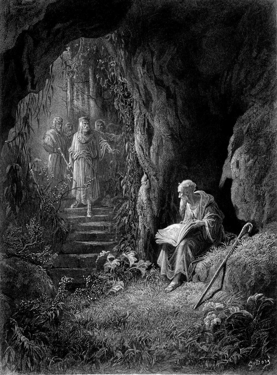Merlin opdaget af kong Arthurs officerer i Broceliande-skoven (Cycle des chevaliers de la Table Ronde) - i "" Viviane"" af Alfred Tennyson, illustration af G. Doré af Gustave Dore