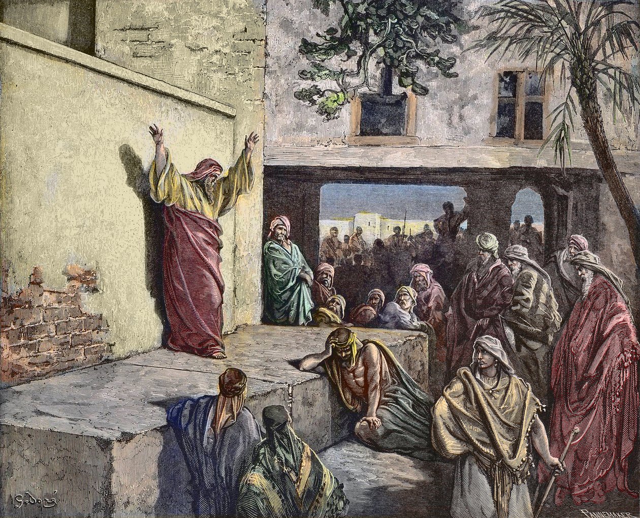 Micah den Moreshitiske profet prædiker for israelitterne, gravering af Gustave Dore - "Profeten Michee formaner Israels folk til anger"" Indgravering fra 