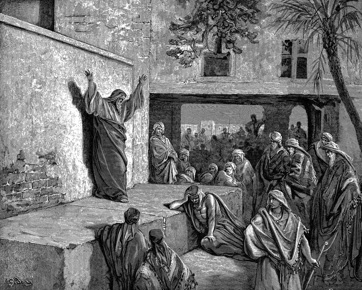 Mika, den Moreshtitiske profet, fortæller israelitterne For se, Herren kommer frem ... og vil komme ned og træde på jordens høje. Bibelen Mika I:3. Illustration af Gustave Dore 1865-1856. Trægravering af Gustave Dore