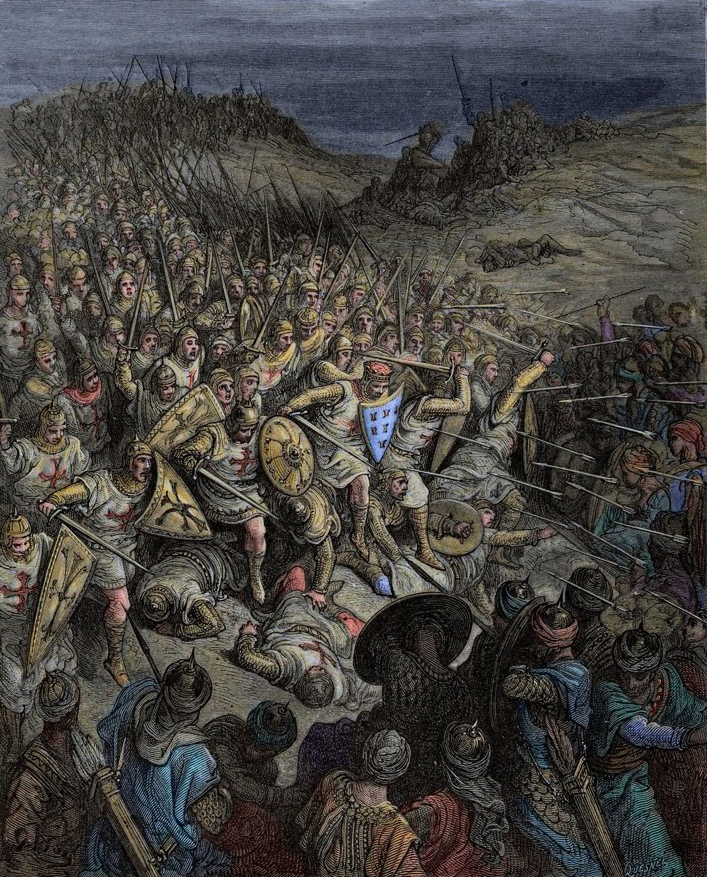 Middelalder: Første korstog. Godefroy de Bouillons korstog besejrede de muslimske styrker (tyrkerne fra Sultanatet Rum) af Sultan Kilij Arslan a Dorylee (Dorylaeum, Dorylaion) i Lilleasien af Gustave Dore