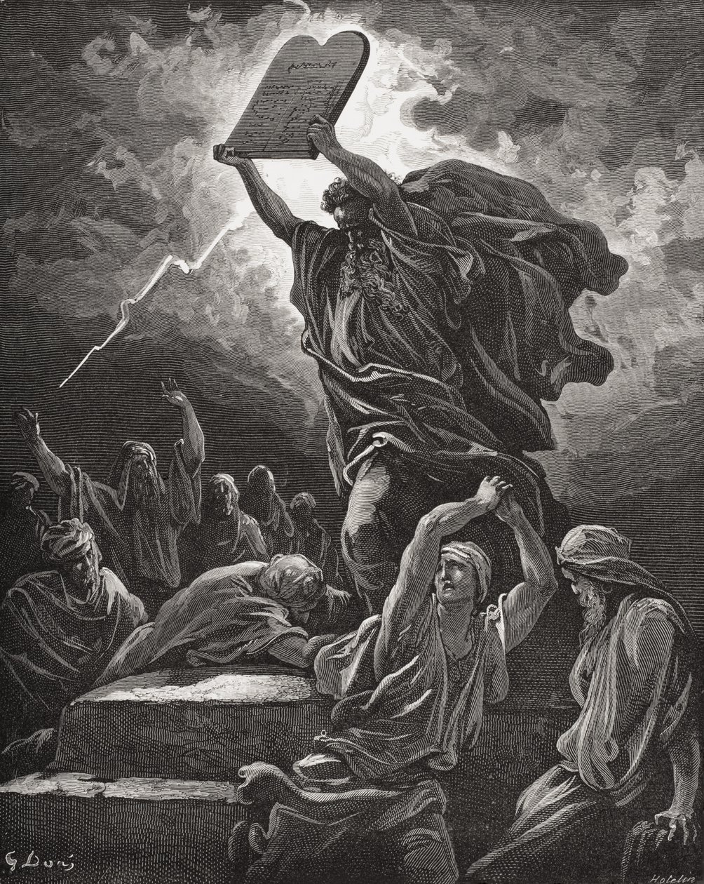 Moses bryder lovens tavler, 2. Mosebog 32:19, illustration fra Dores 