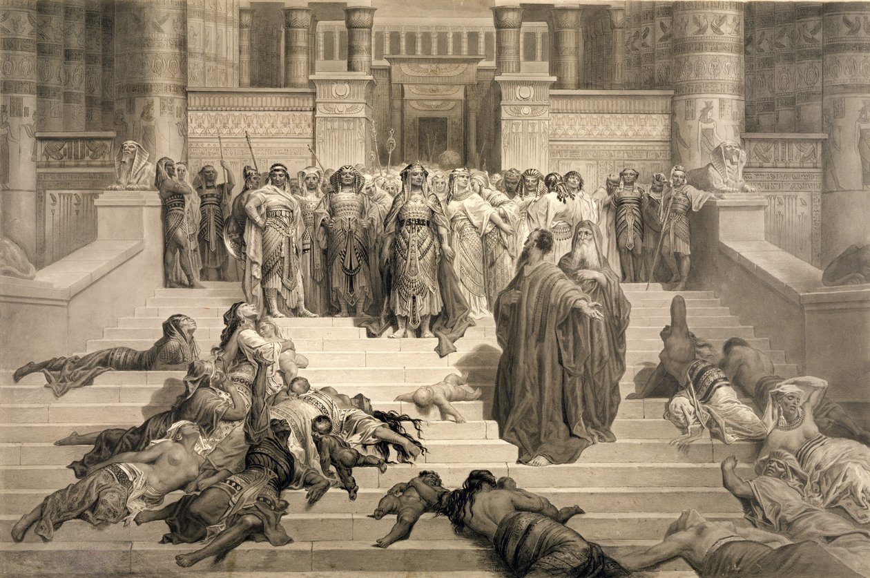Moses før Farao (kul & pen & blæk vask på papir) af Gustave Dore