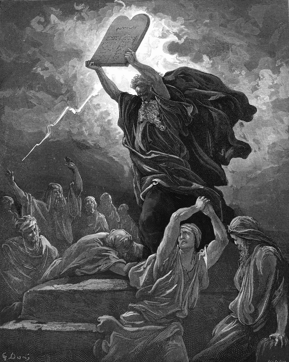 Moses bryder lovens tavler, graverer. - Bibel af Gustave Dore