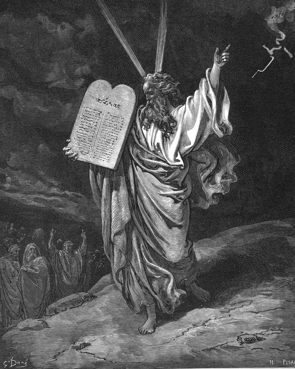 Moses steg ned fra Sinajbjerget med lovens tavler (ti bud). Anden Mosebog 5,35. Illustration af Gustave Dore (1832-1883) til Bibelen (London 1866). Trægravering. af Gustave Dore