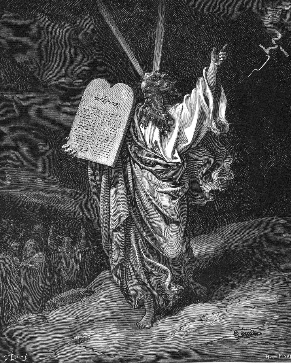 Moses stiger ned fra Sinai-bjerget med lovens tavler, ti bud, 1866 af Gustave Dore