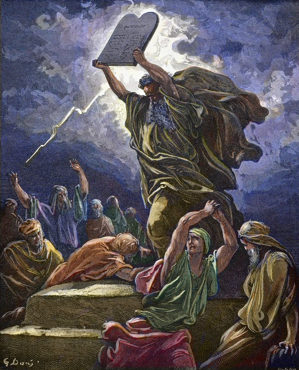 Moses finder jødiske mennesker, der tilbeder guldkalven og bryder lovens tavler - Moses bryder lovens tavler - Gustave Dore (1832-1883) af Gustave Dore