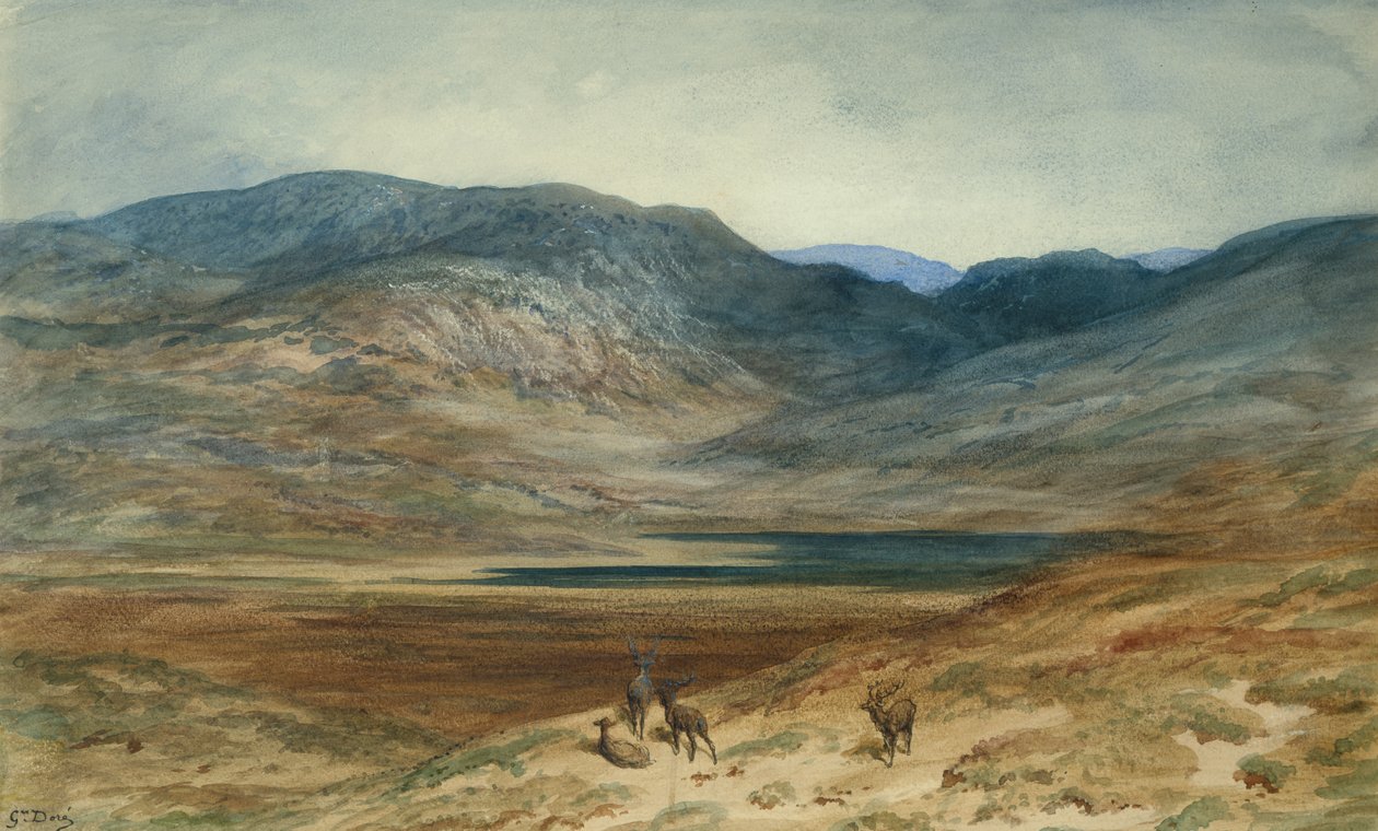 Bjerget landskab med hjorte, 1873 (wc og farveblyant på papir) af Gustave Dore