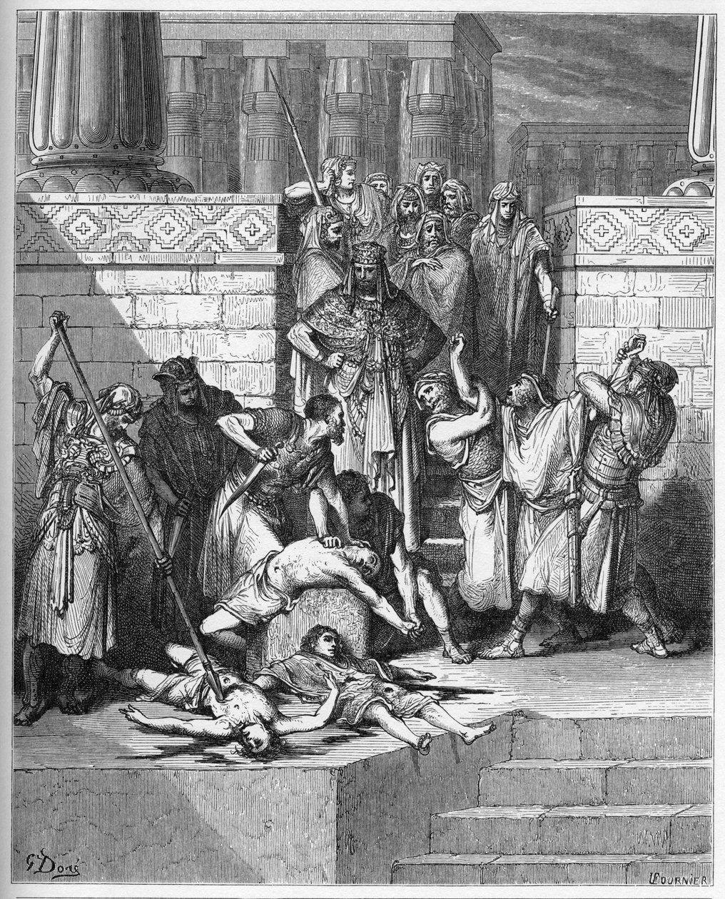 Nebukadnezar beordrer sønnerne af oprøreren Zedekias til at blive dræbt - indgravering i "The Bible illustree" af Gustave Dore (1832-1883) - Indgravering fra "" The Dore Bible"""" af Gustave Dore