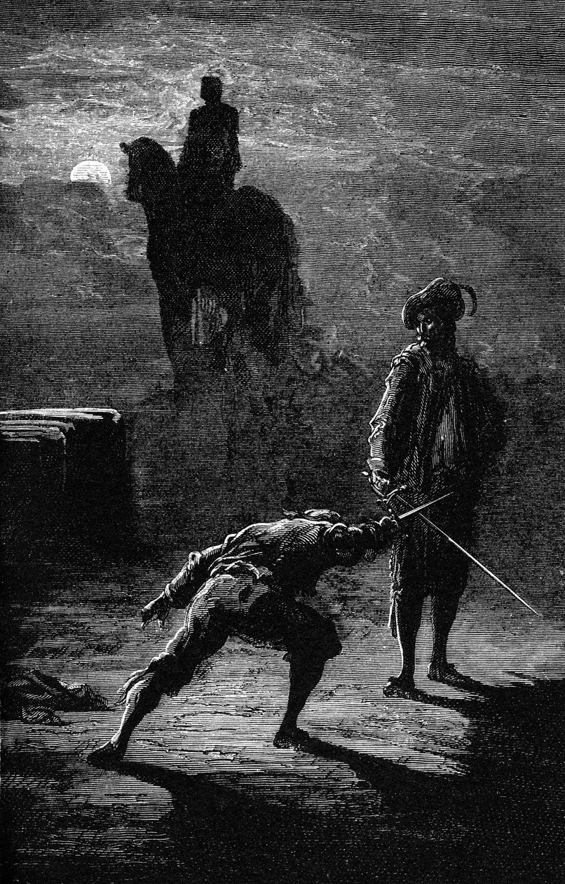 Natduel i måneskin mellem Baron de Sigognac og Jacquemin Lampourde under rytterstatuen af Bronzekongen. Kobberstik af Gustave Dore, der illustrerer Theophile Gautiers roman "Kaptajn Fracasse". Charpentier-udgave 1863. af Gustave Dore