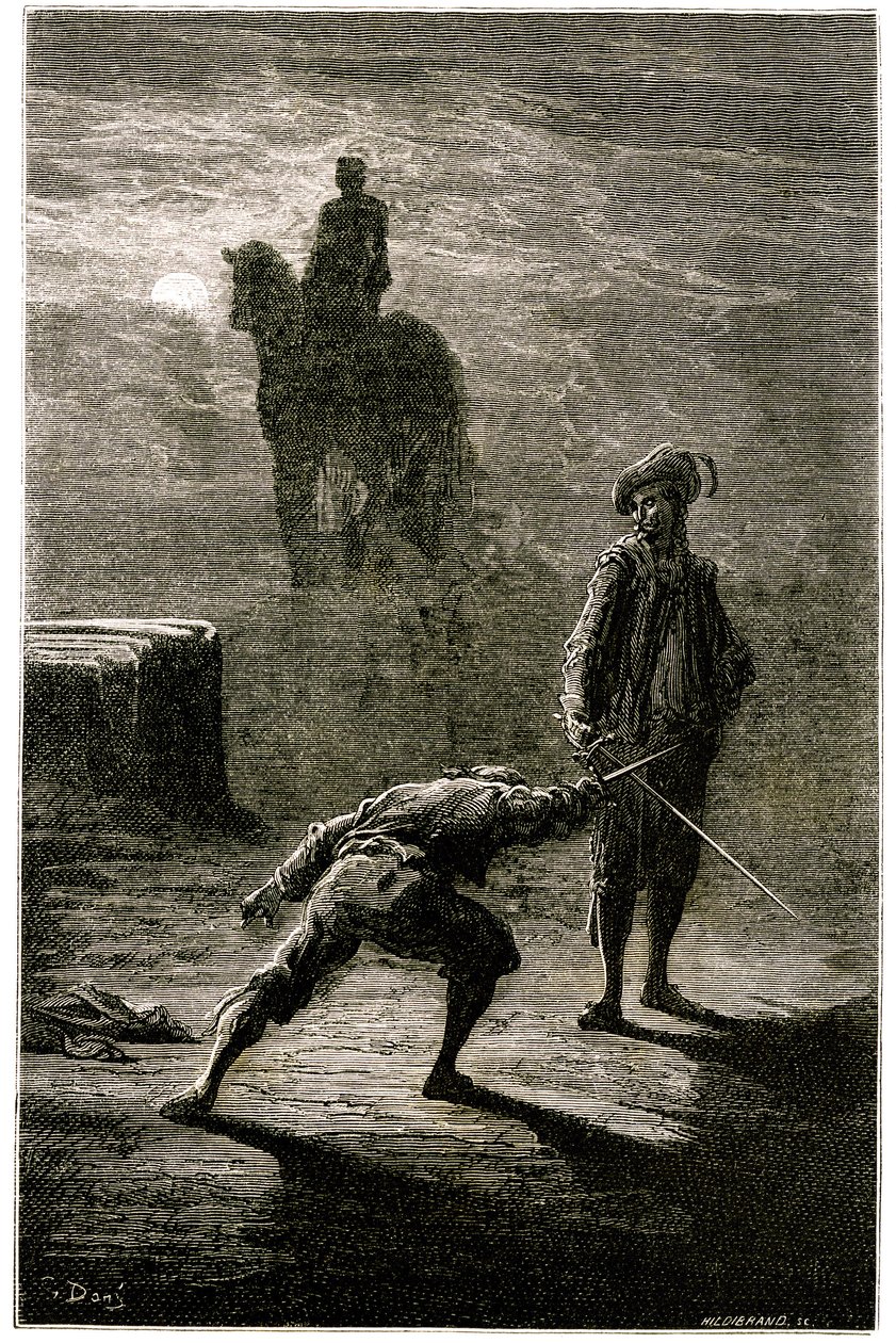 Natduel i måneskin mellem baron de Sigognac og Jacquemin Lampourde under rytterstatuen af kongen af bronze. Kobberstik af Gustave Dore, der illustrerer Theophile Gautiers roman "Le capitaine Fracasse", edition Charpentier 1863. af Gustave Dore