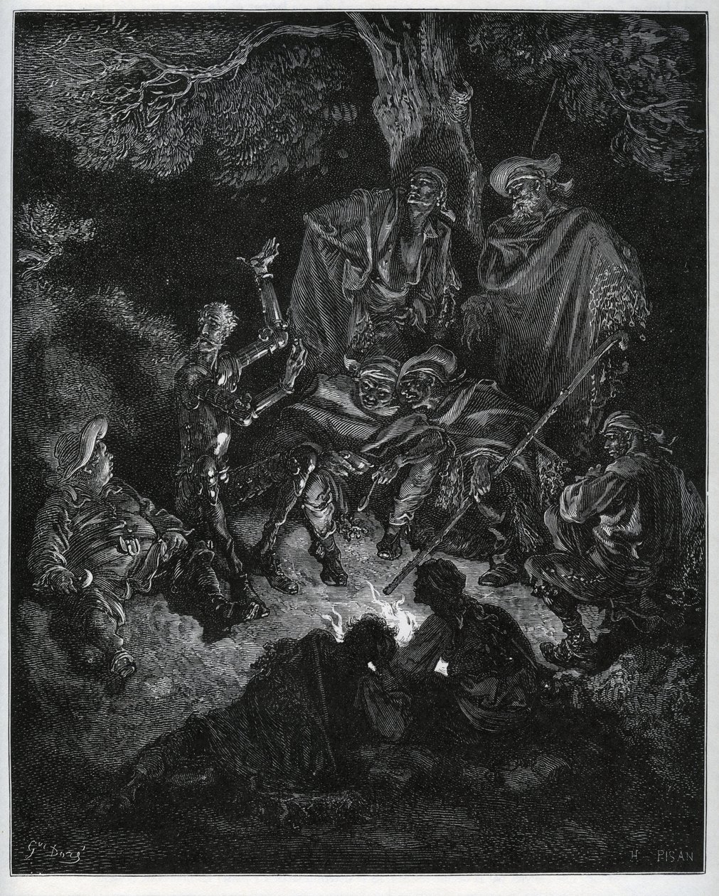 Natlys, hvor Don Quixote fortæller historien om verden til gederne og en Sancho Panza - fra "Don Quixote de la Mancha" af Miguel Cervantes (1547-1616) (Don Quixote) - Træsnit efter tegning af Gustave Dore af Gustave Dore