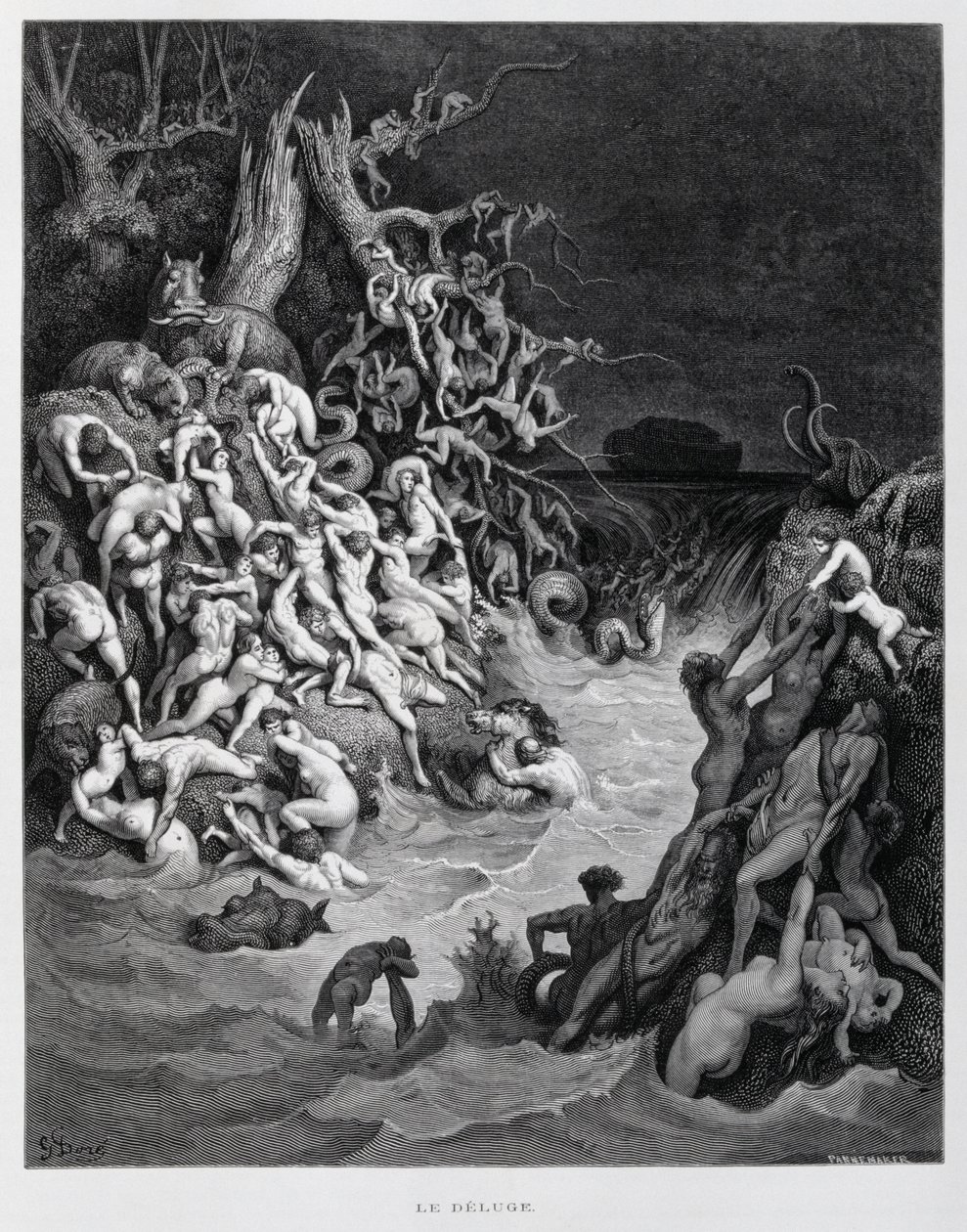 Noah og hans ark flygter, da den store flodbølge omslutter jorden, Illustration fra Dore-bibelen af Gustave Dore