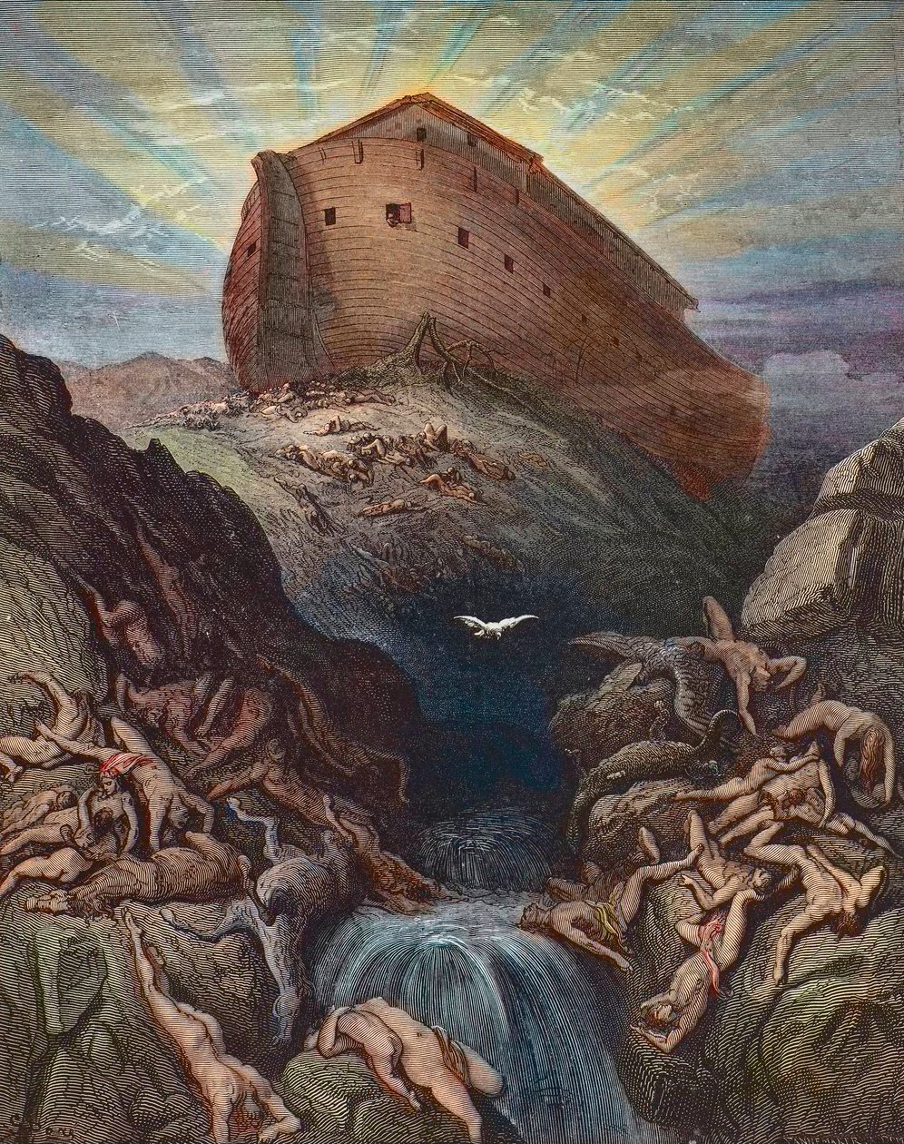 Noe sender en due til jorden - Noah sender duen fra arken, gravering af Gustave Dore (1832-1883) af Gustave Dore