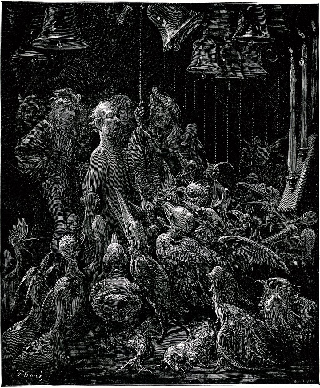 På øen Sonnante får Panurge fuglene til at synge ved at slå på klokkerne - illustration af Gustave Dore til samlede værker af Francois Rabelais - Femte bog - Pantagruel af Gustave Dore