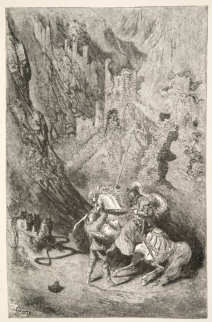 På vej til det grønne kapel, fra Stories of the Days of King Arthur af Charles Henry Hanson, pub.1898 af Gustave Dore