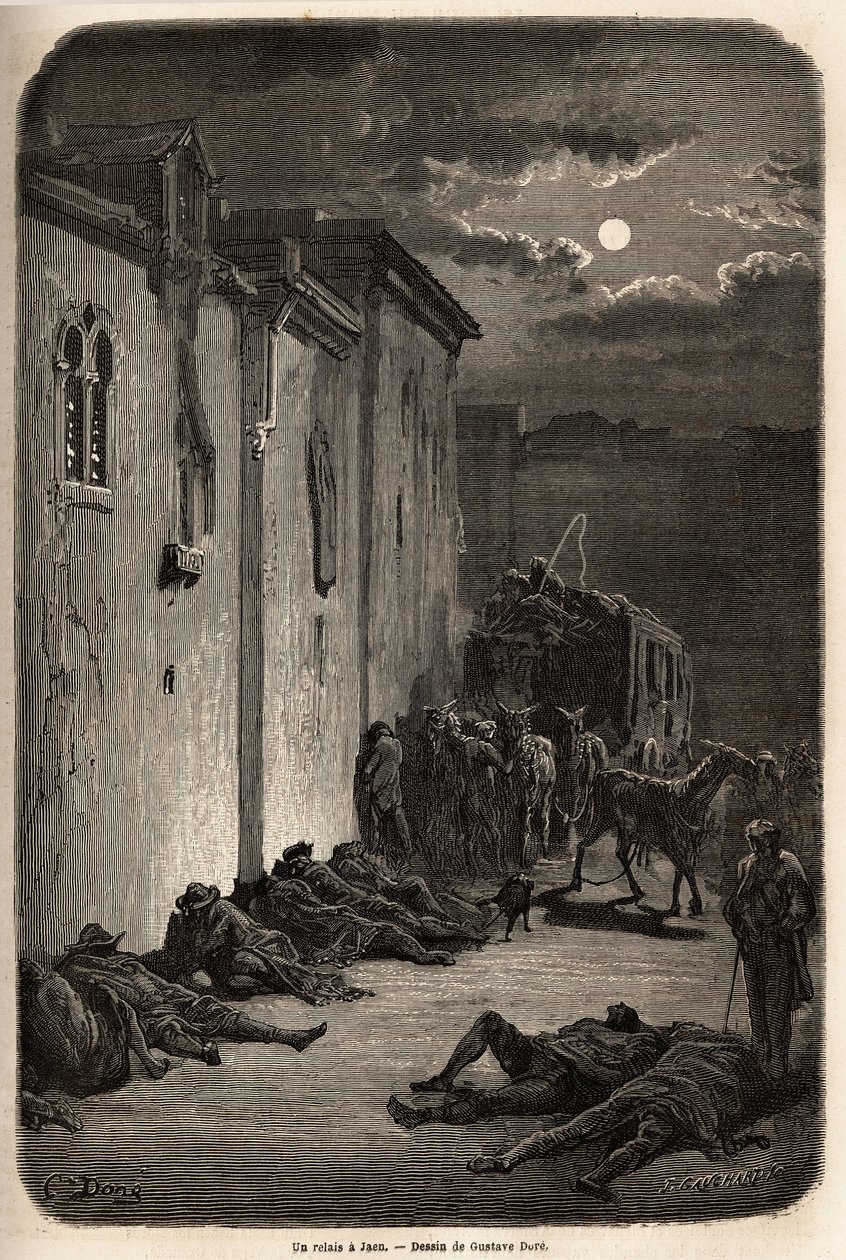 En nat i en stafet i Jaen. Tegning af Gustave Dore (1832-1883), til illustration af hans rejse til Spanien i 1862, med Ch. Davillier. Indgravering i "" Le tour du monde"", redigeret af Edouard Charton af Gustave Dore