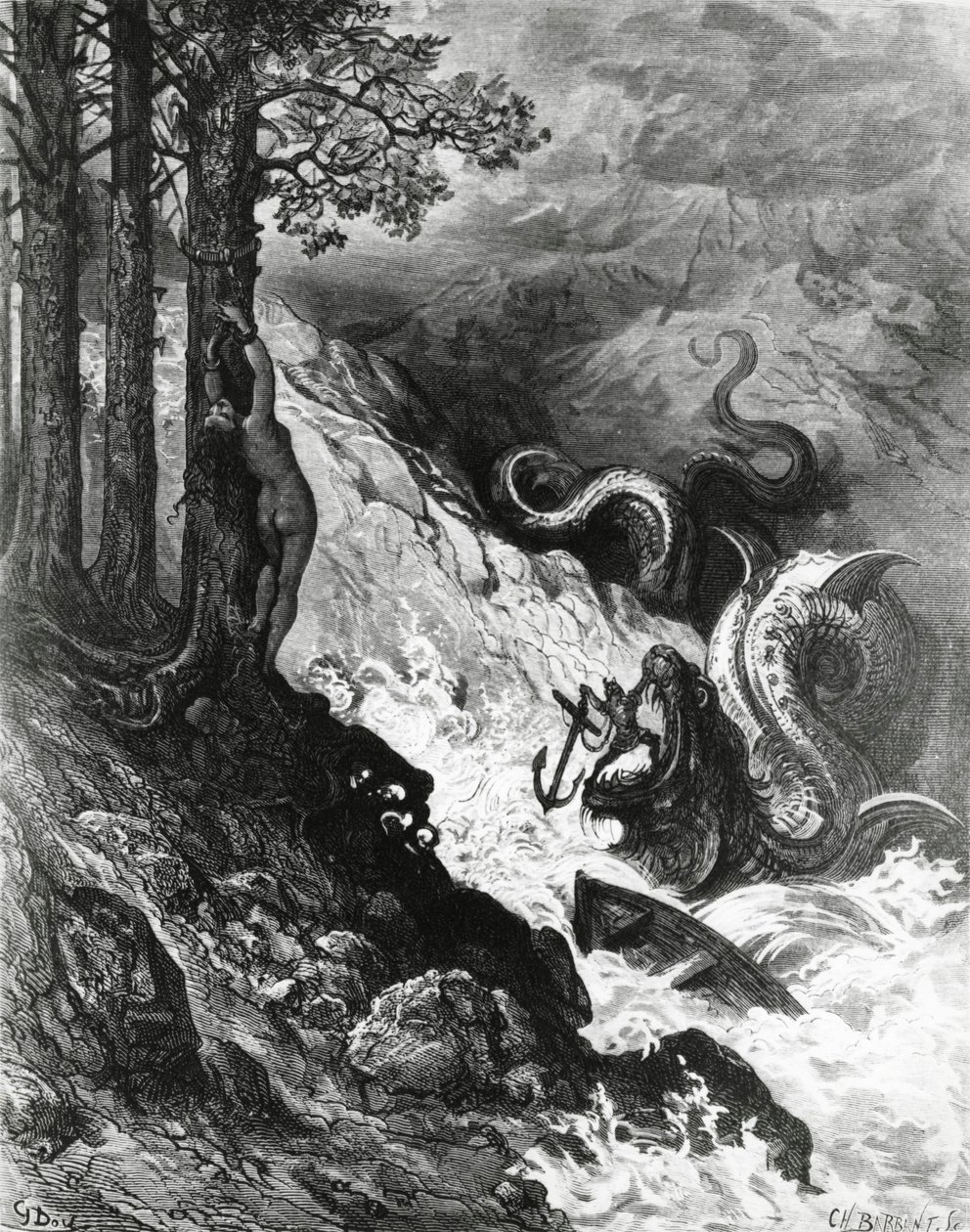 Orlando kæmper mod orken, fra The Frenzy of Orlando, af Paul Gustave Dore, illustration af Gustave Dore