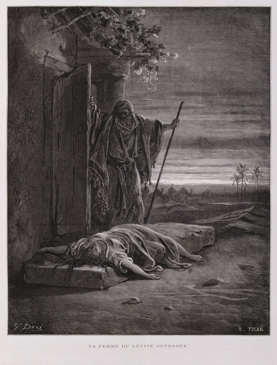Forargelse i Gibea, levitten bærer sin døde medhustru væk, Illustration fra Dore-bibelen af Gustave Dore