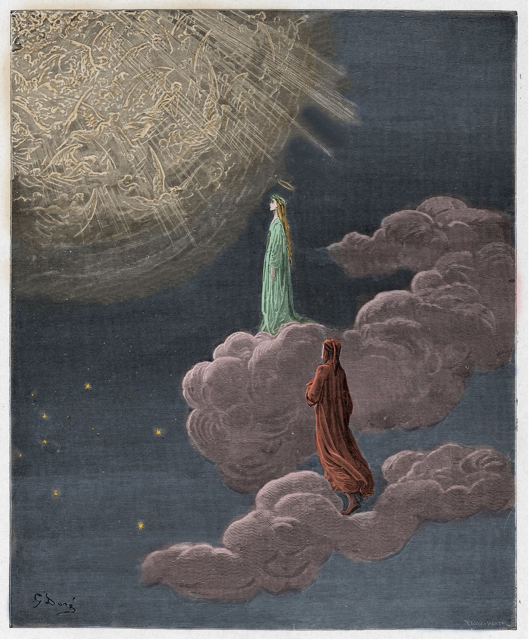 Paradiso, Canto 14: Dante og Beatrice oversat til Mars sfære, illustration fra "Den guddommelige komedie" af Dante Alighieri, 1885 af Gustave Dore
