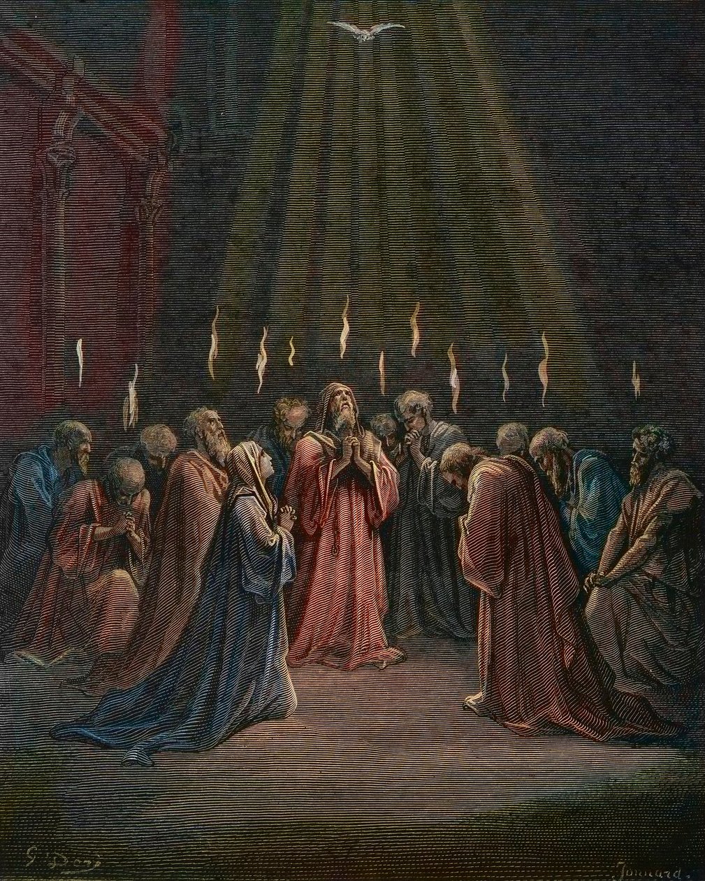 Pinse - Pinse (Helligåndens komme) - Pinse, Helligåndens nedstigning, gravering af Gustave Dore (1832-1883) - senere farvelægning af Gustave Dore