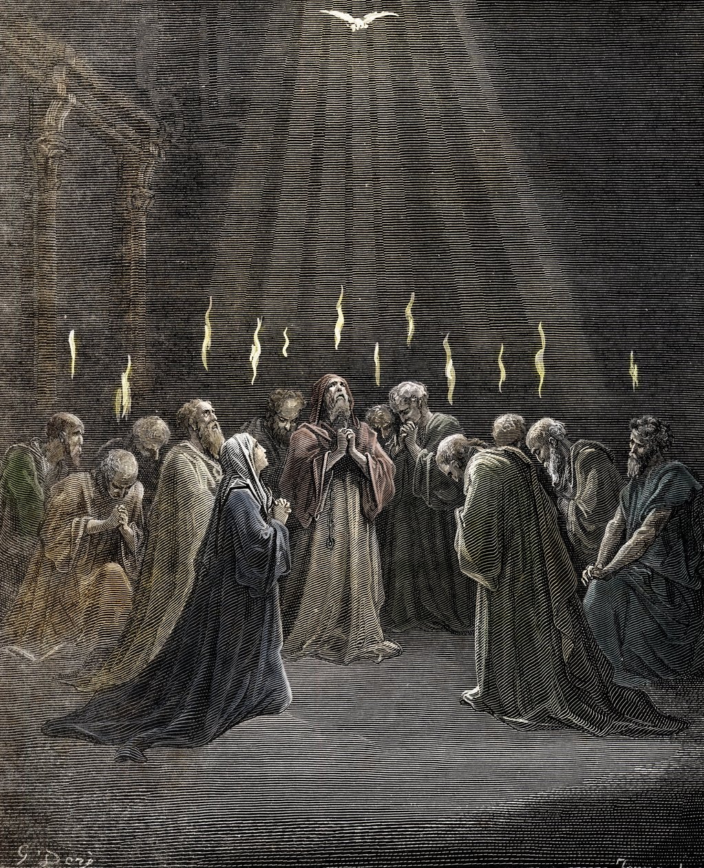 Pinse, Helligåndens nedstigning over apostlene og andre tilhængere af Jesus Kristus Gravering af Gustave Dore (1832-1883) fra "" La Bible"" Privat samling af Gustave Dore