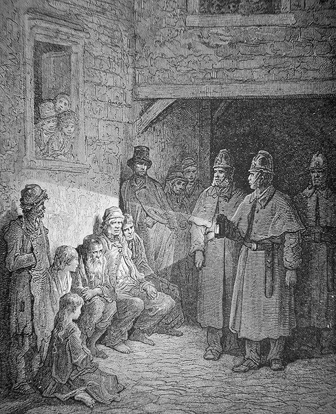 Politifolk på patrulje i Londons Rookery, indgraveret af Stephane Pannemaker (1847-1930) af Gustave Dore
