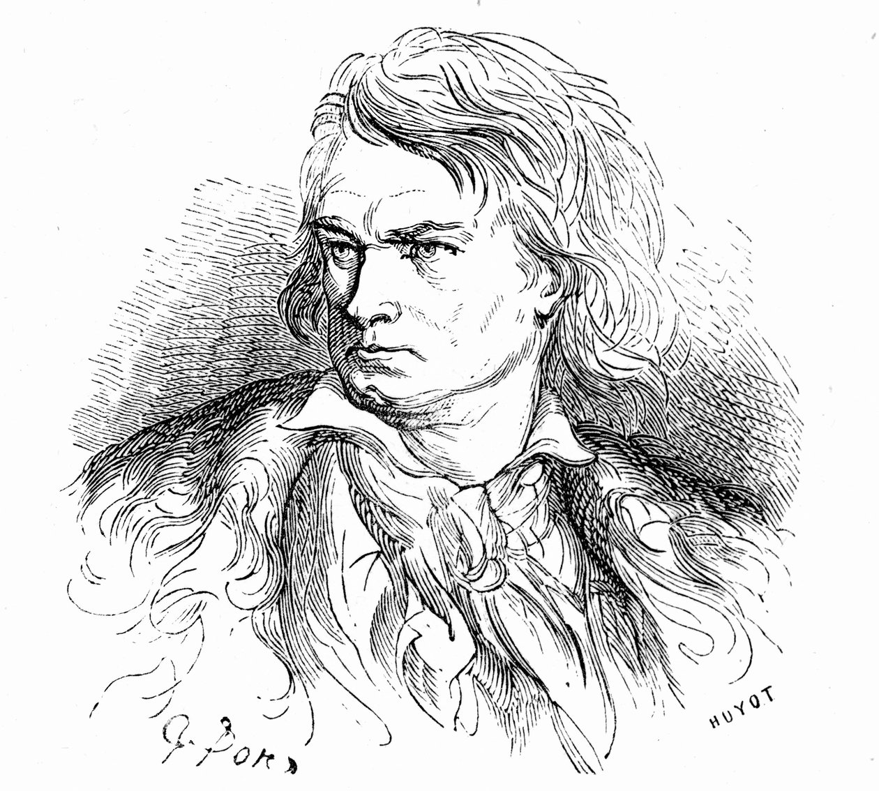 Portræt af Beethoven af Gustave Dore, ca. 1855, til illustration af en tekst af Hippolyte Taine: "-Hvad er Beethoven "En stakkels stor mand, døv, forelsket, ukendt og filosof, hvis musik er fuld af gigantiske eller smertefulde drømme." af Gustave Dore