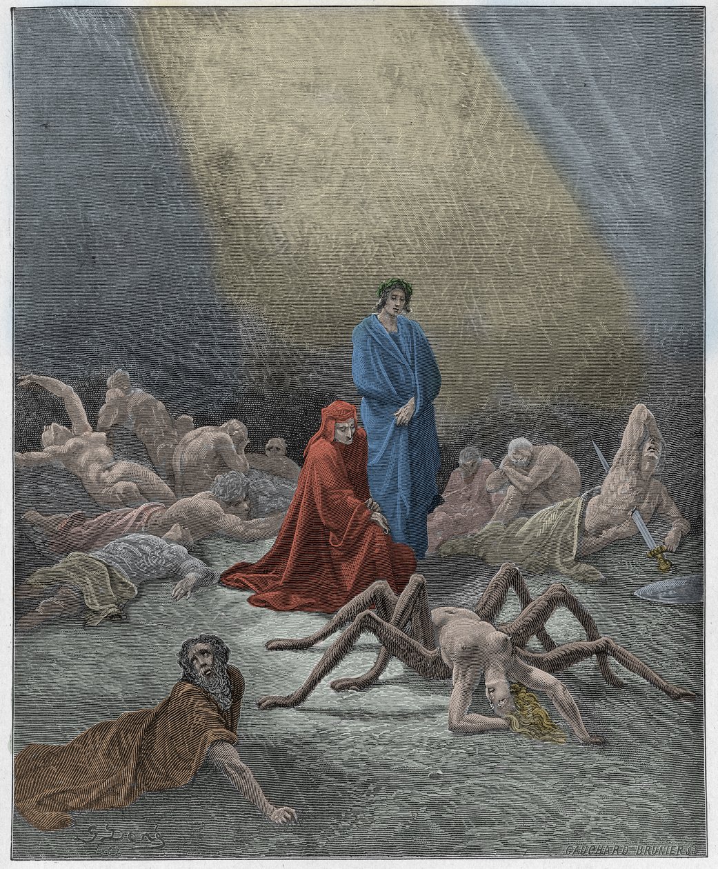 Purgatorio, Canto 12: Dante ser på Arachnes sjæl, illustration fra "Den guddommelige komedie" af Dante Alighieri, 1885 af Gustave Dore