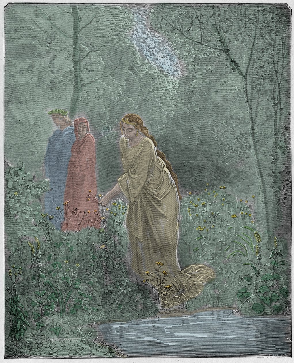 Purgatorio, Canto 27: Dantes drøm om Leah i engen, illustration fra "Den guddommelige komedie" af Dante Alighieri, 1885 af Gustave Dore