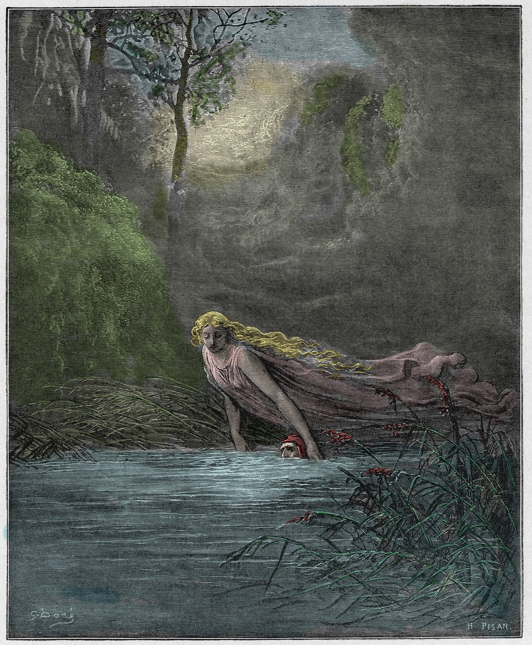 Purgatorio, Canto 31: Dante nedsænket i floden Lethe, illustration fra "Den guddommelige komedie" af Dante Alighieri, 1885 af Gustave Dore