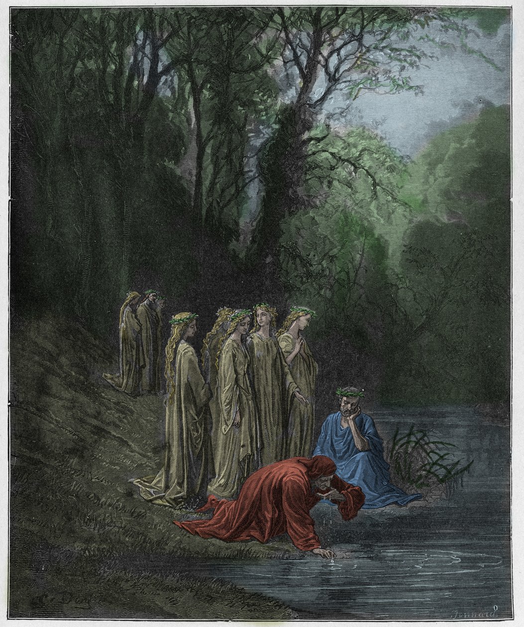Purgatorio, Canto 33: Dante drinks of the River Eunoe, illustration fra "The Divine Comedy" af Dante Alighieri, 1885 af Gustave Dore