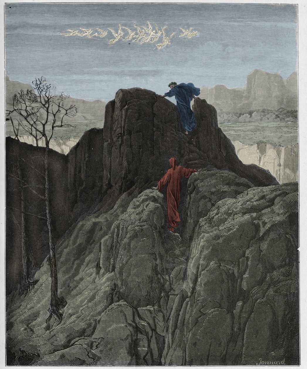 Purgatorio, Canto 4 : Virgil fører Dante op ad den forrevne bjergside, illustration fra "Den guddommelige komedie" af Dante Alighieri, 1885 af Gustave Dore