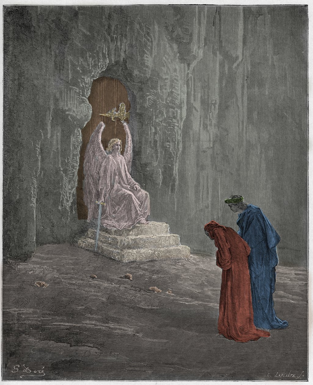 Purgatorio, Canto 9: Dante og Virgil ved skærsildens portaler, illustration fra "Den guddommelige komedie" af Dante Alighieri, 1885 af Gustave Dore