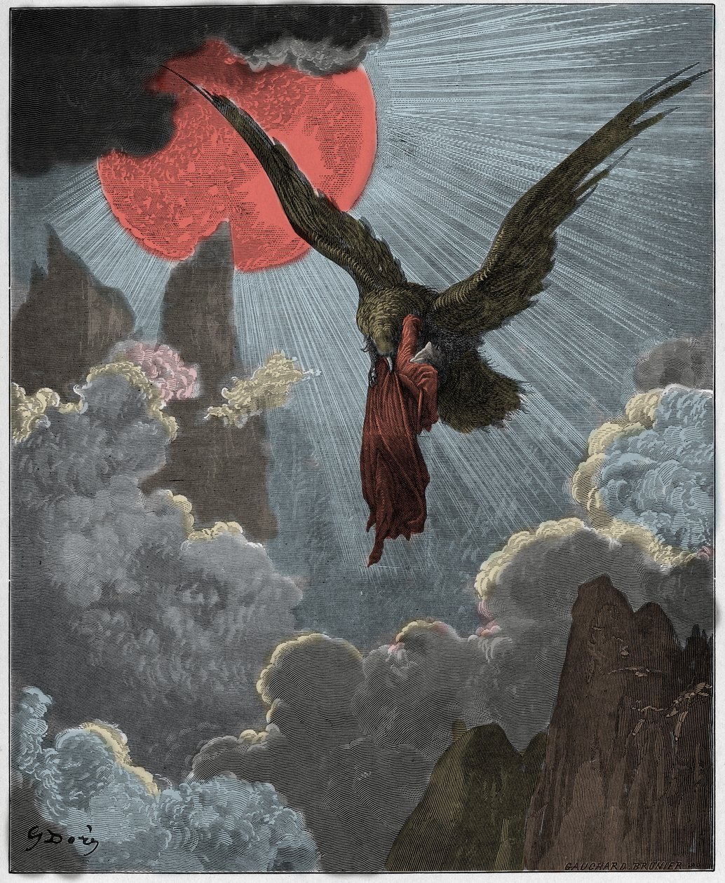 Purgatorio, Canto 9: Dante bliver i en drøm båret bort af en ørn, illustration fra "Den guddommelige komedie" af Dante Alighieri, 1885 af Gustave Dore
