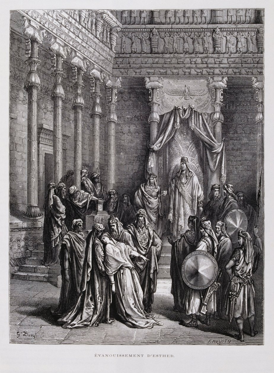 Dronning Ester besvimer foran kongen, Illustration fra Dore-bibelen af Gustave Dore