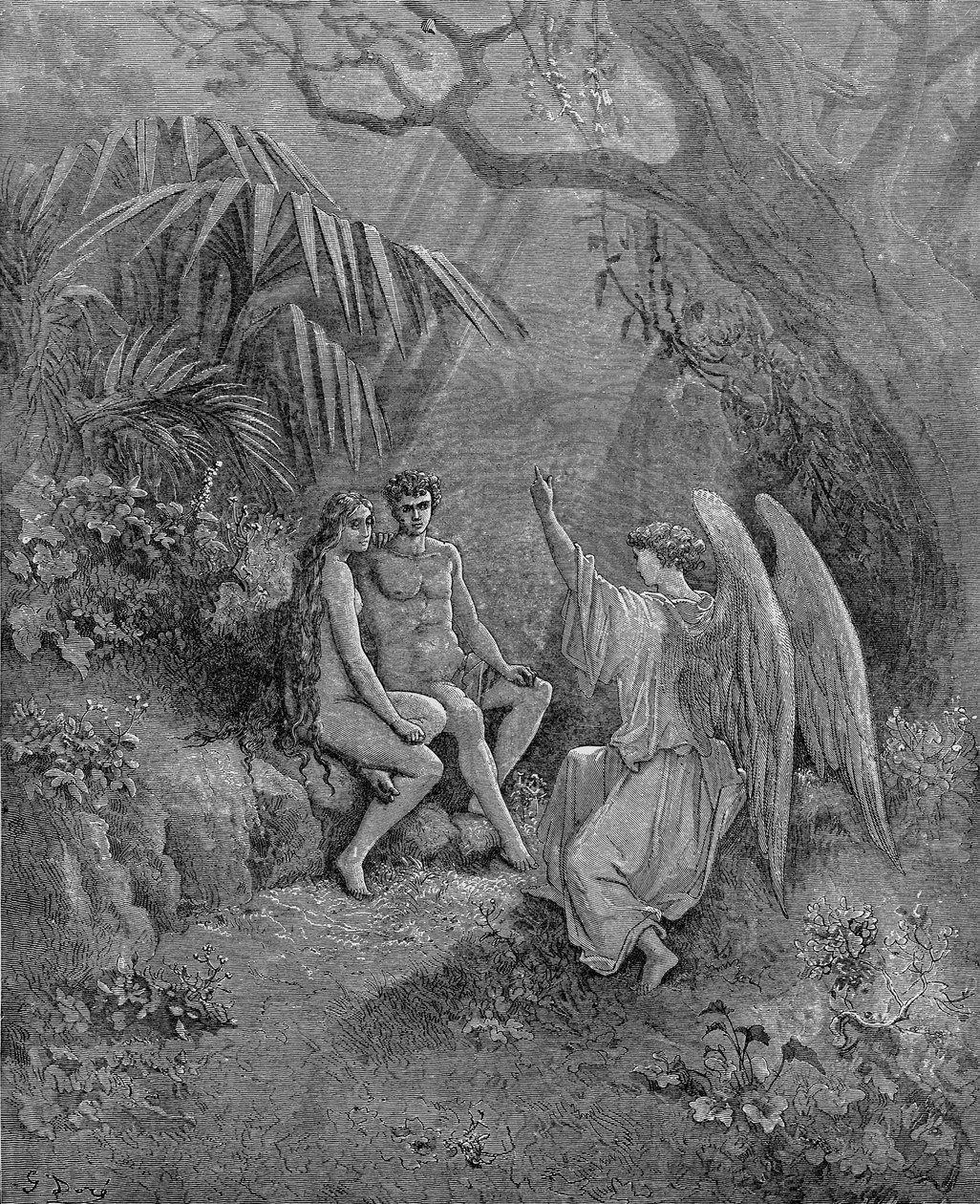 Raphael taler med Adam og Eva. Illustration til John Miltons Paradise Lost, 1866 af Gustave Dore