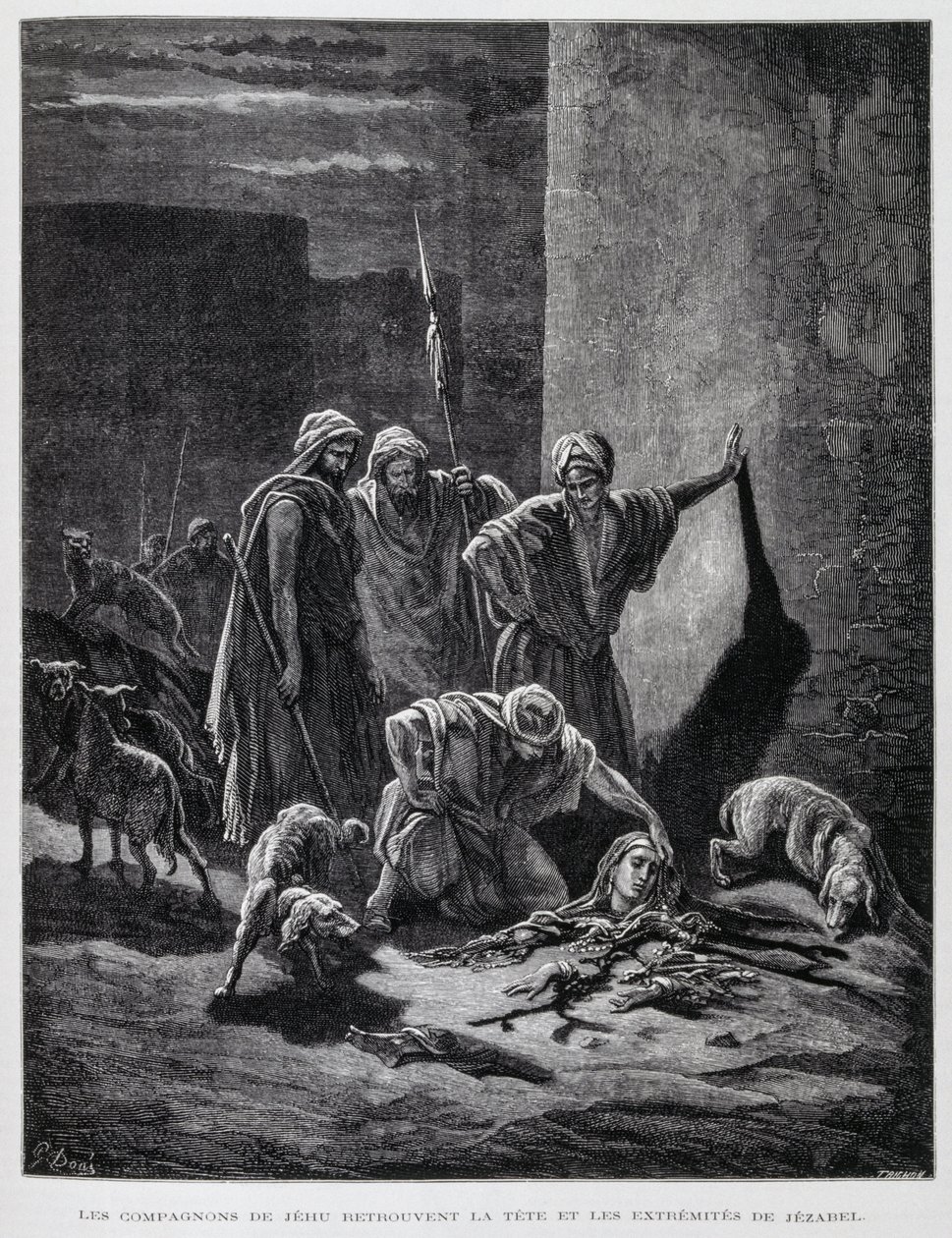 Rester af dronning Jezebel efter hun blev kastet ud af paladsvinduerne, illustration fra Dore-bibelen. af Gustave Dore