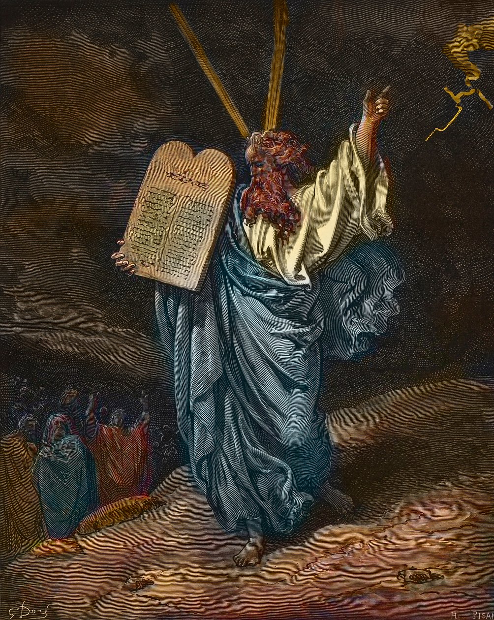 Repræsentation af Moses med de nye lovtavler på Sinai-bjerget - gravering af Gustave Dore (1832-1883) - senere farvelægning af Gustave Dore