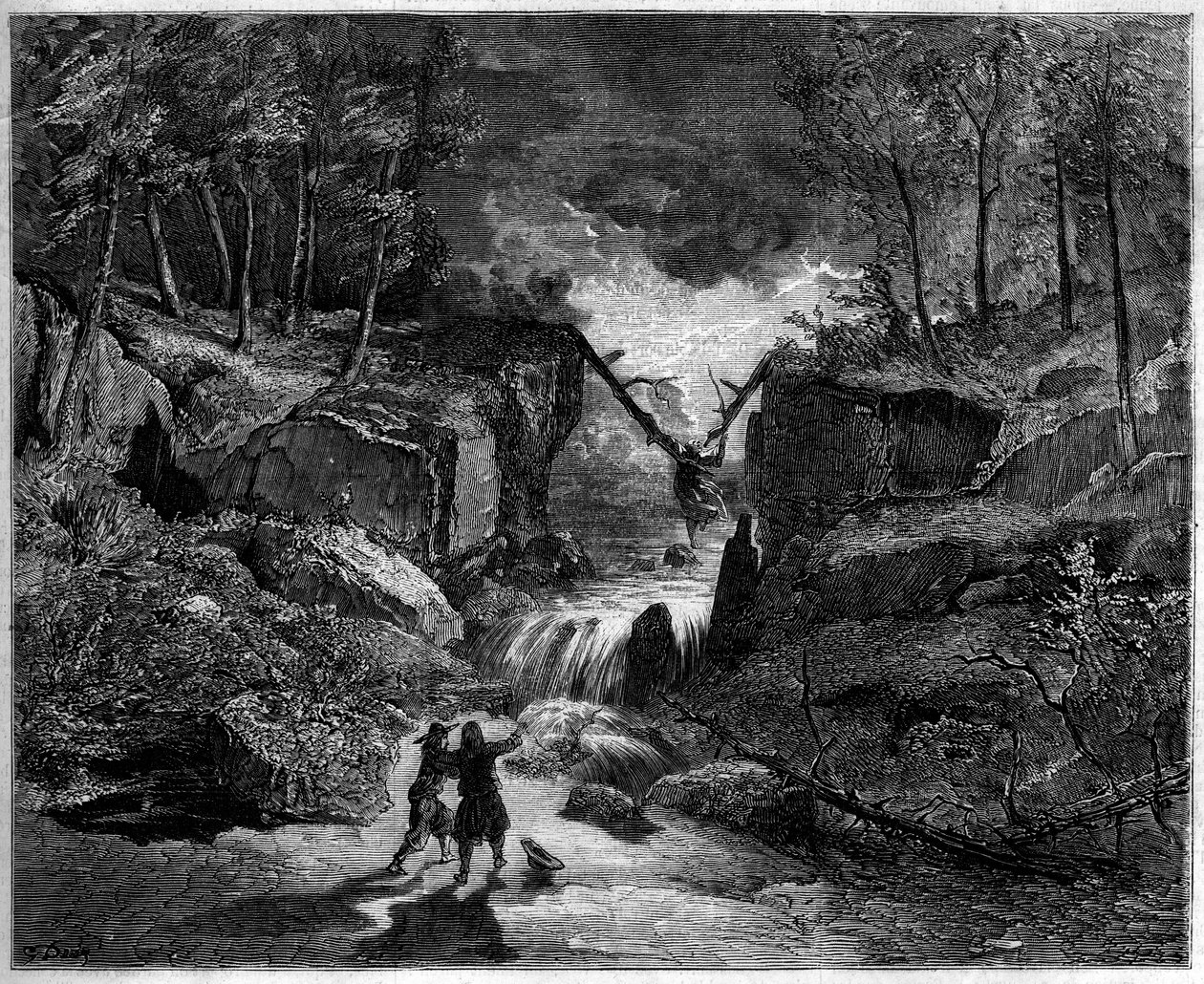 Repræsentation af en opera: den skøre grav i floden - Sidste scene, akt II af "Pardon de Ploermel", tegneserieopera fra 1859 på en libretto af Michel Carre (1819-1872) og Jules Barbier (1822-1901), og en musik af Giacomo Meyerbeer (1791-1864) - Teater af Gustave Dore