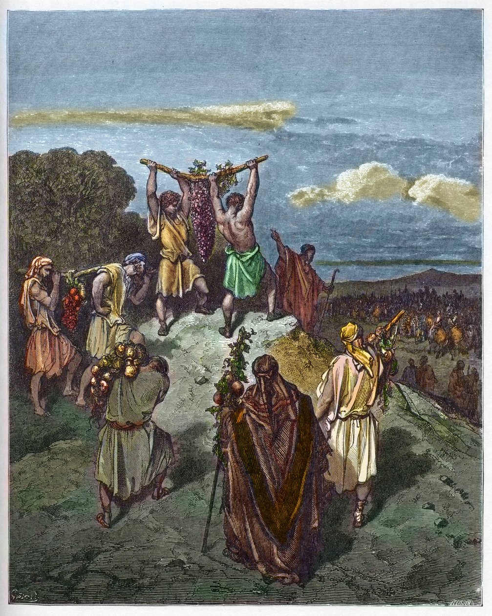 Tilbage fra Kanaans land - Josue og Kalebs tilbagevenden med en enorm klase druer fra Kanaans land (det forjættede land) - - indgravering i "The Bible illustree" af Gustave Dore (1832-1883) - Indgravering fra "" Dore-bibelen"" af Gustave Dore