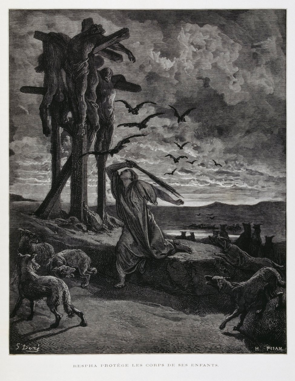 Rizpah forhindrer vilde dyr i at skænde ligene af hendes døde sønner, Illustration fra Dore-bibelen af Gustave Dore