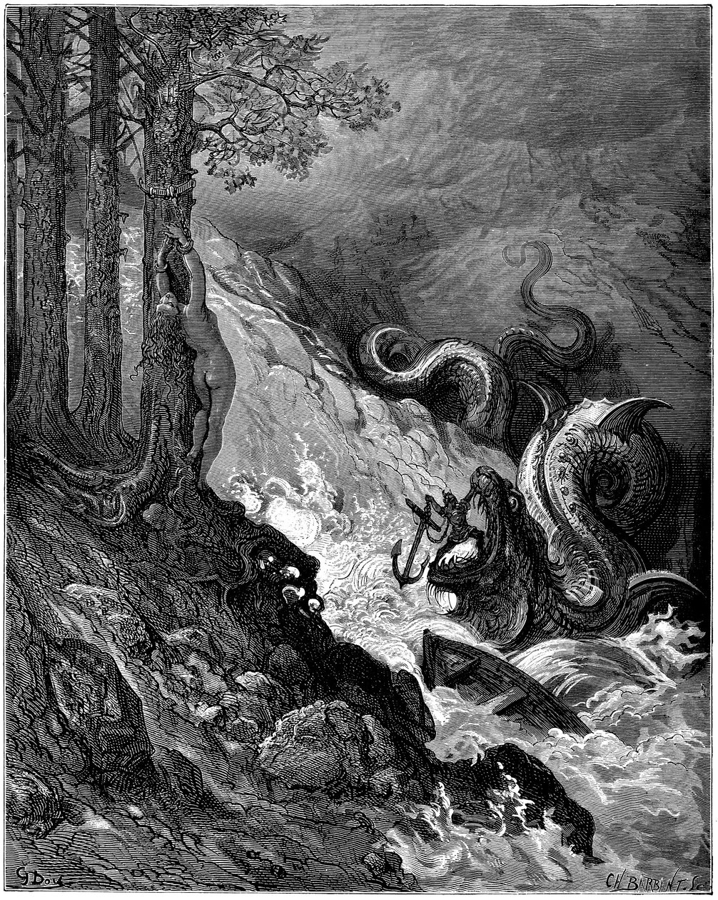 Ruggiero bekæmper havuhyret (dragen), der truer Olimpia, binder ham fast til et træ, blokerer hans kæber med et anker og redder Olimpia (sang 11 stance 37) - Gravering af Gustave Dore (1832-1883), der illustrerer "Den rasende Roland" (1878) af Ludovico Ari af Gustave Dore