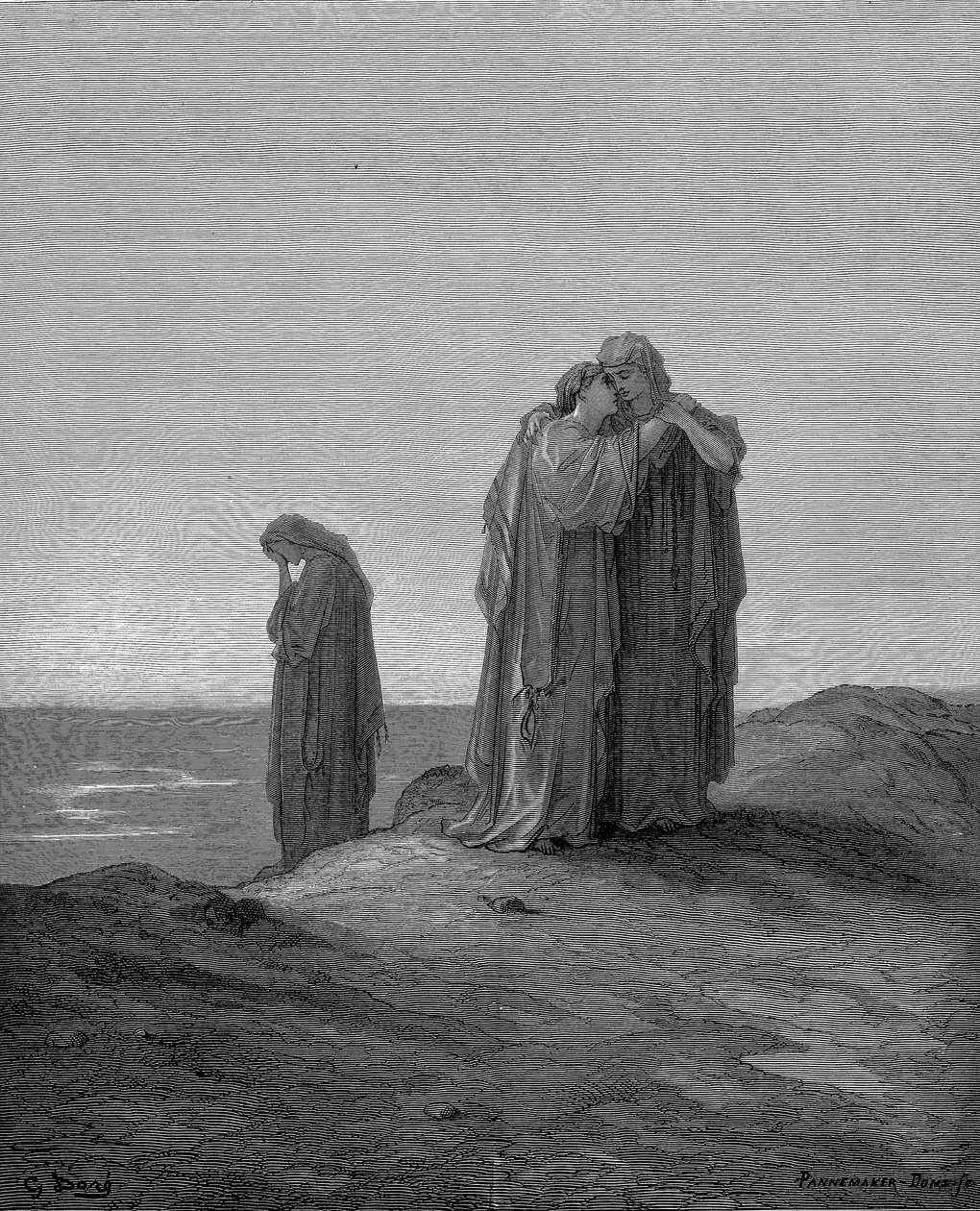 Ruth omfavner sin svigermor Naomi og lover at blive hos hende, nu de er efterladte, 1866 af Gustave Dore