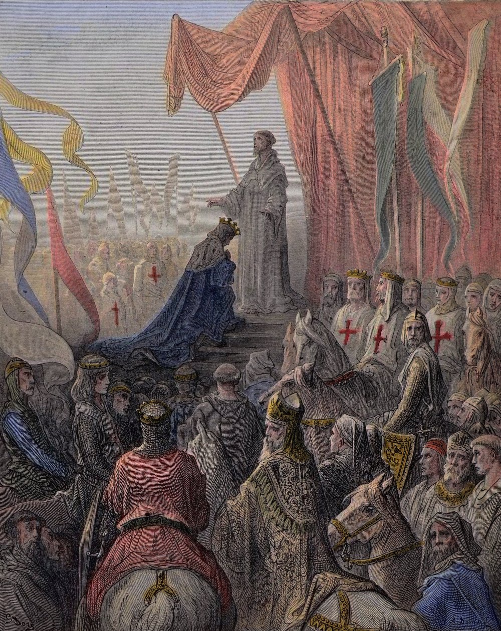 Sankt Bernard de Clairvaux (San Bernardo di Chiaravalle, Bernard de Fontaine 1090-1153) prædiker det andet korstog i nærværelse af kong Louis VII og dronning Alienor af Aquitaine og Abbe Suger (Suger de Saint Denis af Gustave Dore