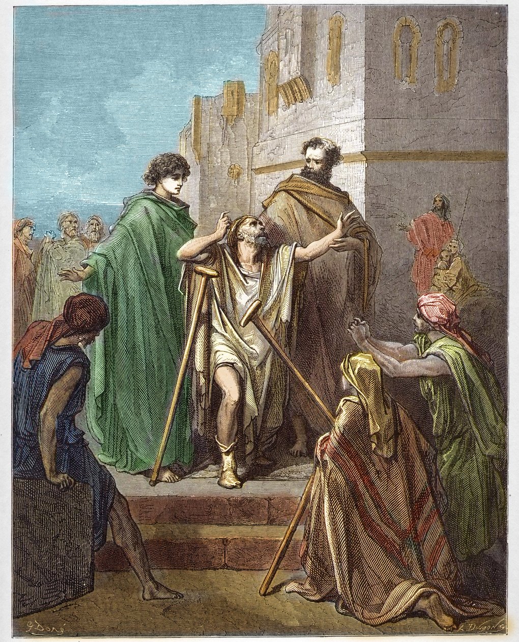 Sankt Peter og Sankt Johannes helbreder en klinge - Guerison af de lamme - Sankt Peter, ledsaget af Sankt Johannes, kæmpede mirakuløst mod en halt mand i Jerusalem - - indgravering i "The Bible illustree" af Gustave Dore (1832-1883) - Gravering fra " "The  af Gustave Dore